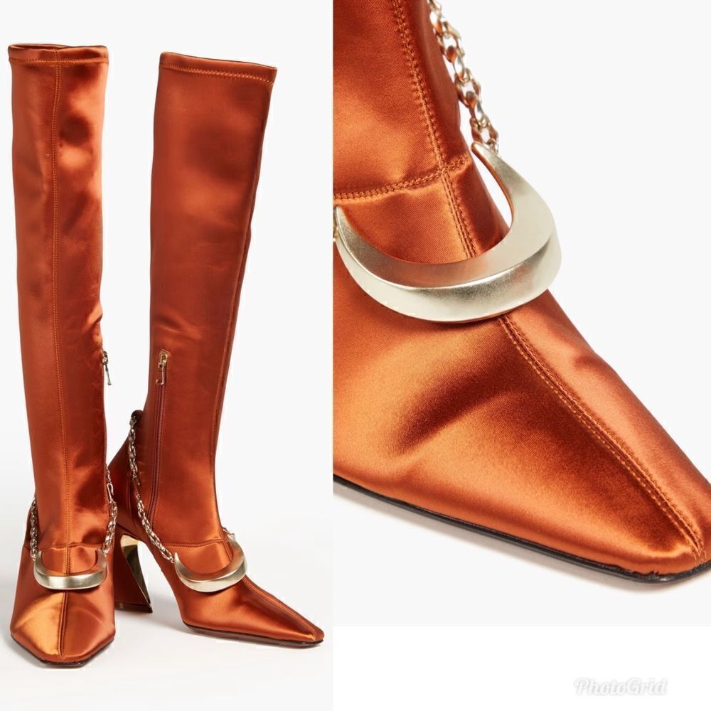 ZIMMERMANN Silk Copper Satin Stretch Sock Knee Boots - Chain-trim not included